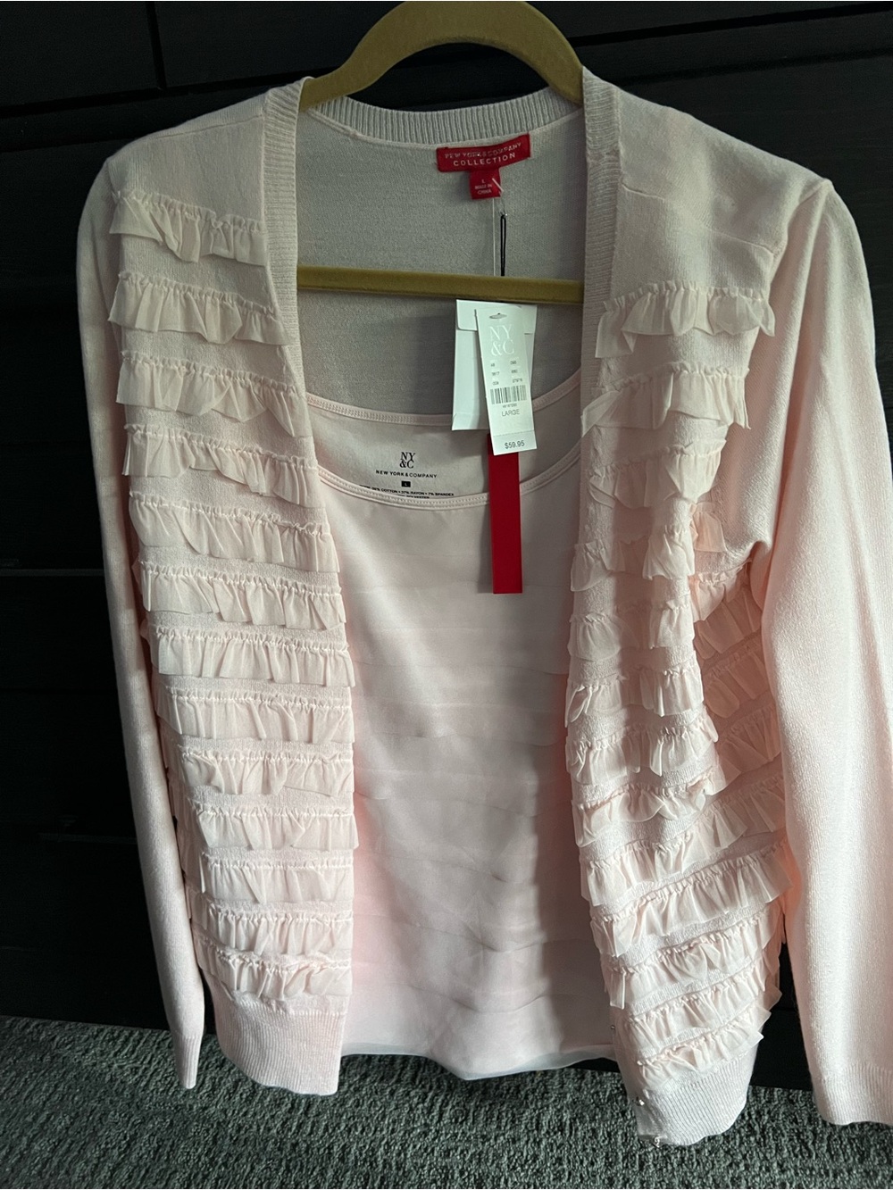 NY Collection Light Pink Ruffle Front Cardigan with Matching Shell three pc set